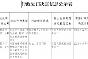 西安雁塔恒通村镇银行被罚37.5万元：违反支付结算、货币金银、国库、征信及反洗钱管理规定